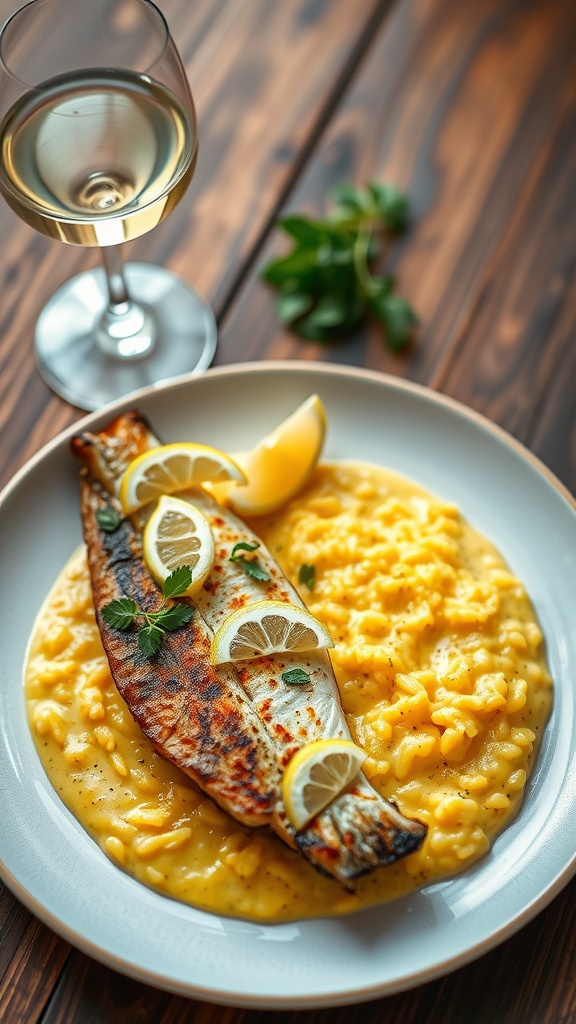 Grilled branzino with saffron risotto on a rustic table, garnished with herbs and lemon.
